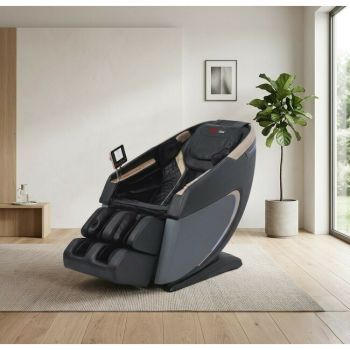 Fotoliu masaj Negru cu functie vocala, încălzire, bluetooth, 6 brate mecanice cu role 3D, airbag corp complet, LED touch, Șină SL lungă