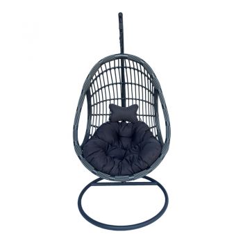 Cuib de leagan Cungo cu suport metalic - pe rattan, Gri, 125x105x195 cm