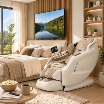 Fotoliu masaj alb cu functie vocala, încălzire, bluetooth, 8 programe automate, airbag corp complet, LED touch, Șină SL lungă