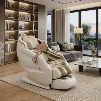 Fotoliu masaj alb cu functie vocala, încălzire, bluetooth, 8 programe automate, airbag corp complet, LED touch, Șină SL lungă