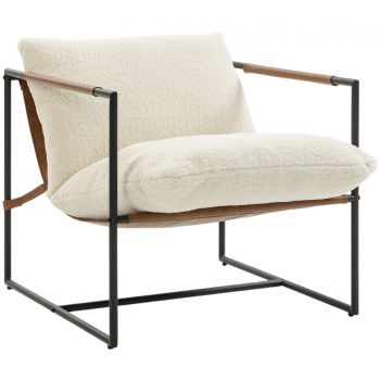 HOMCOM Fotoliu de salon, fotoliu auxiliar tapițat în țesătură bouclette, șezut lat și structură din oțel, 77x91x80cm, crem | Aosom Romania