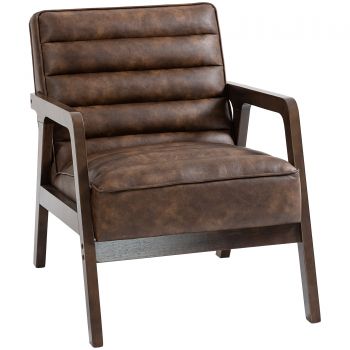 HOMCOM Fotoliu pentru living, fotoliu suplimentar tapițat din PU cu șezut lat, pernă groasă și structură din lemn masiv, maro | Aosom Romania