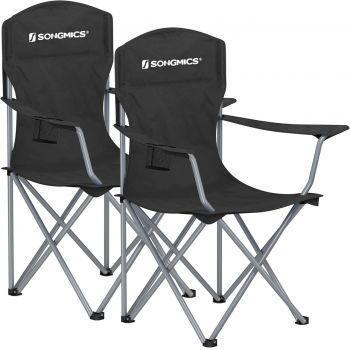 Set 2 scaune pliabile pentru camping si gradina, Songmics, max 150 kg, 86x54x97 cm, otel/tesatura Oxford, negru