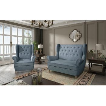 Set fotoliu si canapea ELTAP, Aros, 72x60x100 cm / 150x90x103 cm, lemn/poliester, albastru deschis