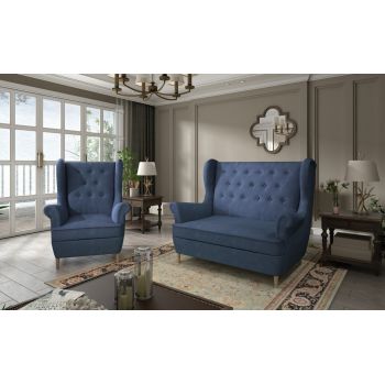 Set fotoliu si canapea ELTAP, Aros, 72x60x100 cm / 150x90x103 cm, lemn/poliester, albastru inchis