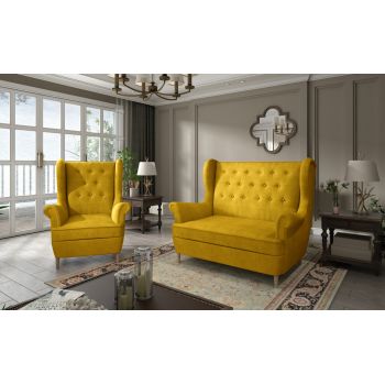 Set fotoliu si canapea ELTAP, Aros, 72x60x100 cm / 150x90x103 cm, lemn/poliester, galben