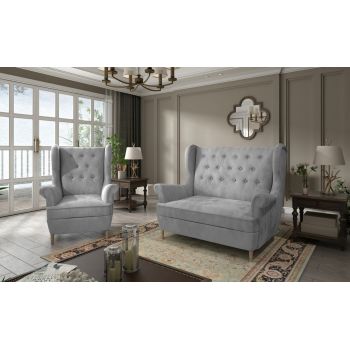 Set fotoliu si canapea ELTAP, Aros, 72x60x100 cm / 150x90x103 cm, lemn/poliester, gri inchis