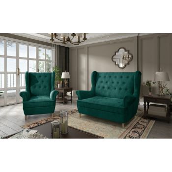Set fotoliu si canapea ELTAP, Aros, 72x60x100 cm / 150x90x103 cm, lemn/poliester, verde inchis
