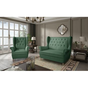 Set fotoliu si canapea ELTAP, Aros, 72x60x100 cm / 150x90x103 cm, lemn/poliester, verde