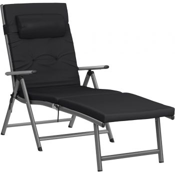 Sezlong pliabil cu saltea de 6 cm si tetiera detasabila, Songmics, max 150 kg, aluminiu rezistent la rugina, negru