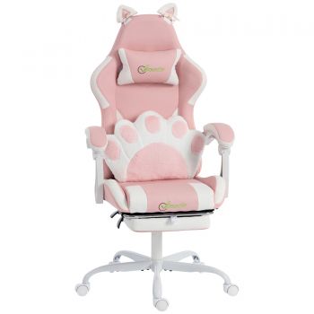 Vinsetto Scaun Gaming Ergonomic cu Urechi de Pisică, Fotoliu Gaming Birou Reclinabil din Piele Eco cu Suport pentru Picioare, Tetieră și Înălțime Reglabilă, Suport Lombar și Cervical, Roz | Aosom Romania