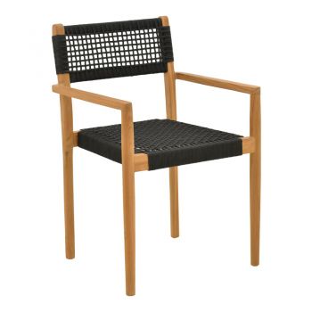 Fotoliu cu structură din lemn de teak, șnur, negru, 54x52x80 cm