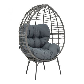 Fotoliu de gradina Nestie ratan picioare metal gri perna, gri, 102x80x155 cm