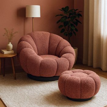 Fotoliu swivel cu taburet Nester, Boucle, Mar Putred, Roz, 98x97x69 cm