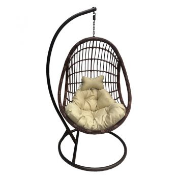 Leagăn tip cuib cu suport Cungo, metal și ratan maro, pernă, bej, 125x105x195 cm
