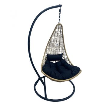 Leagăn tip cuib pe bază Soleil, Metal Negru - Ratan Natural, Pernă, Neagră, 120x95x195 cm