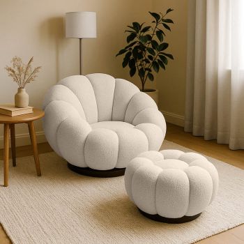 Fotoliu rotativ cu taburet Nester boucle, bej, 98x97x69 cm - Bej