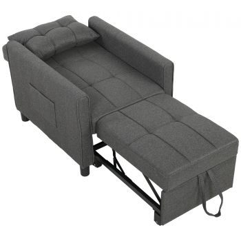 HOMCOM Fotoliu Pat Single 3 în 1 din Material Textil Tip In și Lemn cu Spătar Reclinabil, Pernă, Buzunare, Gri | Aosom Romania