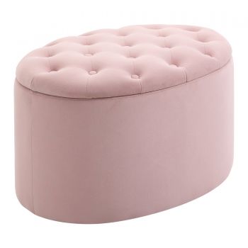 HOMCOM Puf Container cu capac Capitonat si Matlasat, Suport pentru Picioare din Catifea Oval pentru Living si Dormitor, Roz
