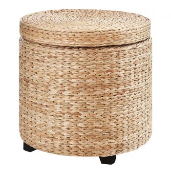 HOMCOM Puf Container Rotund cu Acoperit cu Ratan Lepironia Taburet Sprijin Picioare Masuta pentru Living cu Capac, Ф43x43cm, Kaki