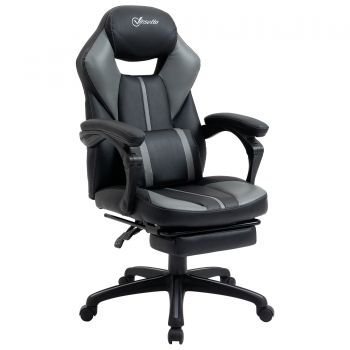 Vinsetto Scaun Birou Racing Tapitat cu Inaltime Reglabila, Scaun Ergonomic cu Suport pentru picioare Detasabil Imitatie de piele Negru si Gri