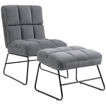 Fotoliu Relax cu Suport pentru picioare HOMCOM pentru Interior, Set 2 Piese din Tesatura cu Efect de Catifea, Spuma de Cauciuc si Metal, Gri
