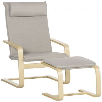 HOMCOM Fotoliu Relax cu suport pentru picioare, fotoliu din lemn si tesatura cu efect de in cu perna pentru tetiera, 67x69x100cm, gri