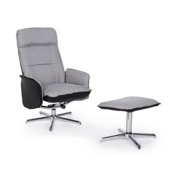 Fotoliu Relaxare tapitat cu stofa si piele ecologica + Taburet Cora Gri, l70xA81xH92,5 cm Fotoliu Relaxare tapitat cu stofa si piele ecologica + Taburet Cora Gri, l70xA81xH92,5 cm
